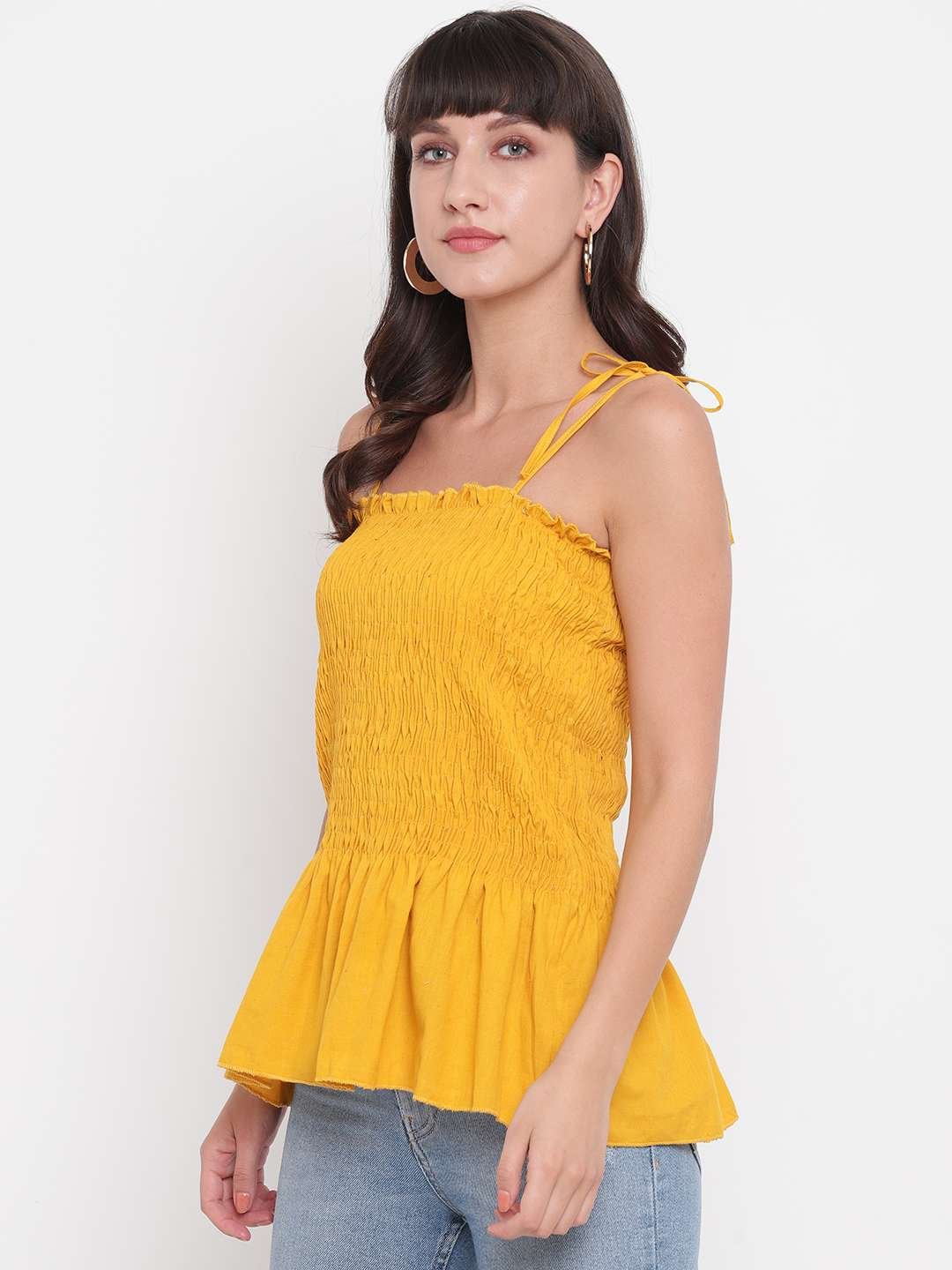 Women's Rayon Solid Casual Summer Style Tie Shoulder Straps Free Size Tank Top (Musterd)
